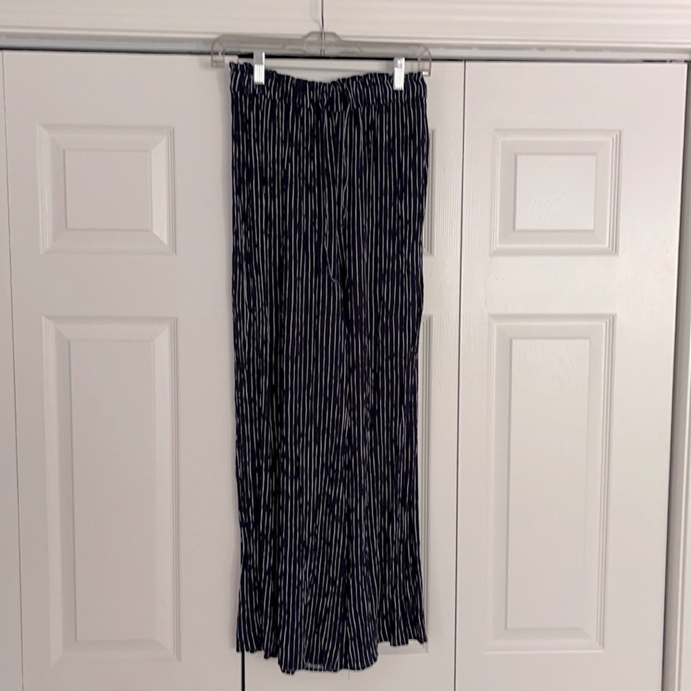 Navy and white vertical stripe tie pants